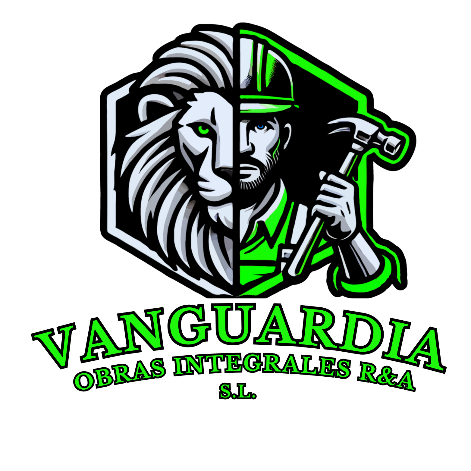 Logo for Vanguardía Obras Integrales R&A S.L.: a split image of a lion on the left and a person holding a hammer on the right, with bright green accents on a black background.